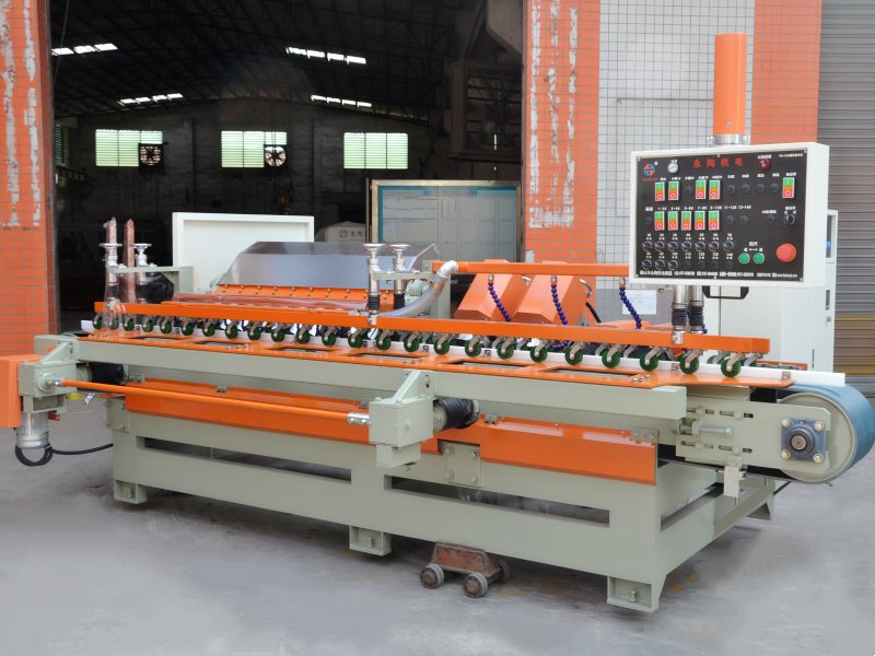 Front view of the YTMDP-1200/2+2+10 ceramic tile 45 degree bevel edge polishing machine with control panel Front view of the YTMDP-1200/2+2+10 ceramic tile 45 degree bevel edge polishing machine with control panel